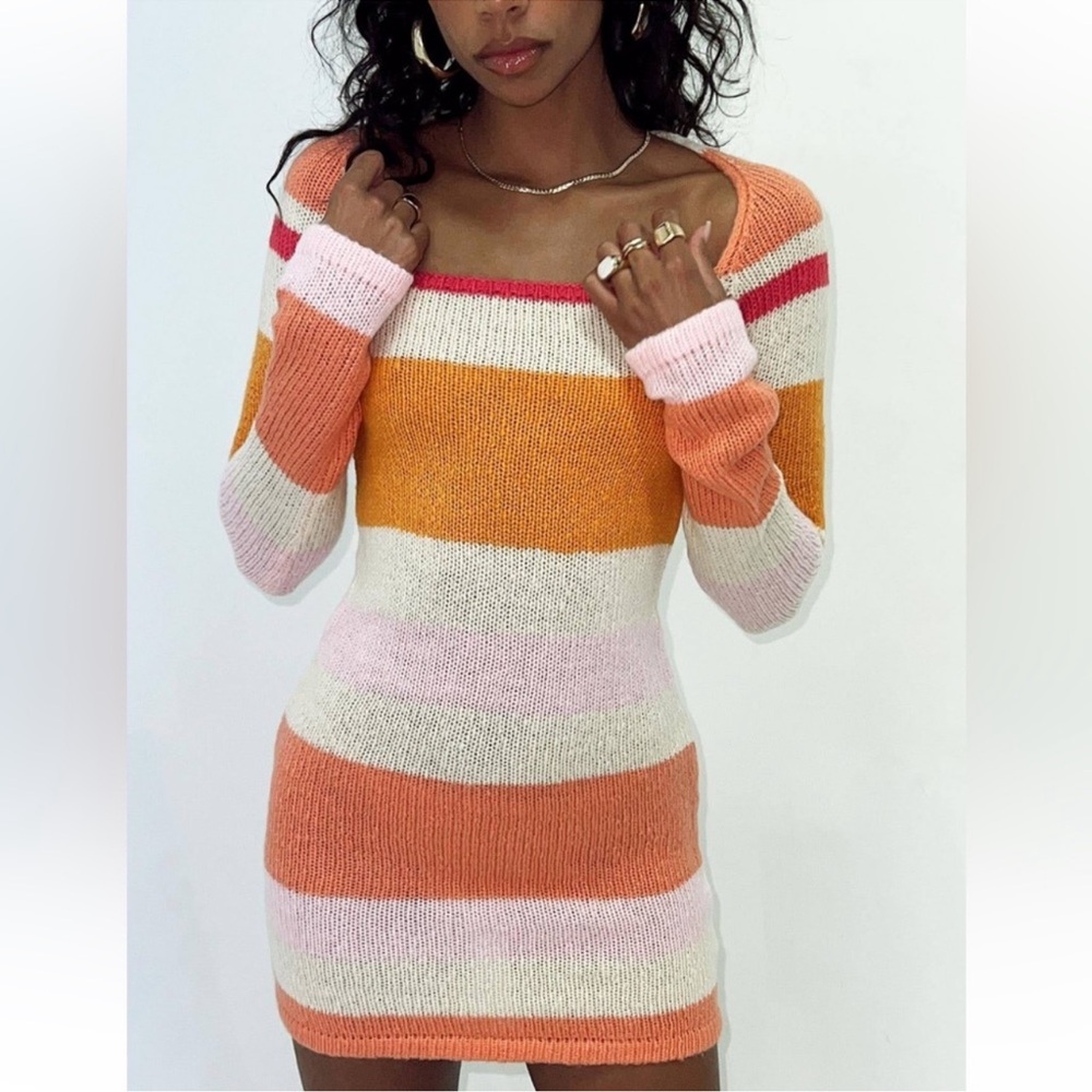 Princess Polly Orange, Pink and Cream Long Sleeve Sweater Dress